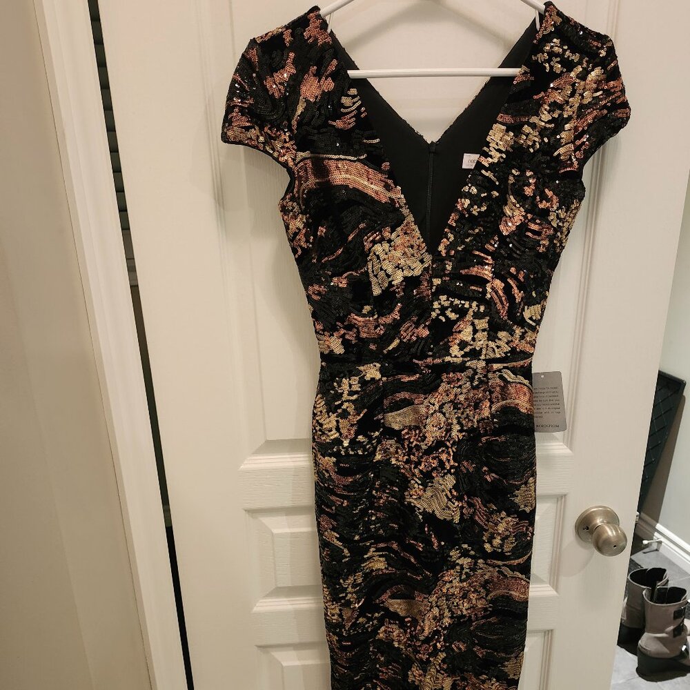 Dress The Population Alison Dress Gold, Bronze and Black Sequin Midi Dress